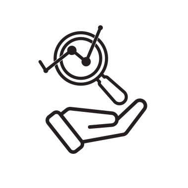 Teknoloji ikonları. Tahmin Analitik. Elinde büyüteçle grafikler. Otomasyon, yapay zeka. Tasarım biçimi