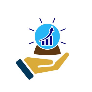 Teknoloji ikonu. Tahmin Analitik. Elinde yükselen grafiği olan dijital kristal küre. Otomasyon, yapay zeka. Düz tasarım biçimi