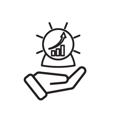 Teknoloji ikonu. Tahmin Analitik. Elinde yükselen grafiği olan dijital kristal küre. Otomasyon, yapay zeka. Tasarım biçimi