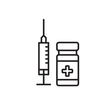 Tıbbi ikonlar. Enjeksiyon. Yanında bir şişe aşı ya da ilaç enjekte edin. Önlem, sağlık, teşhis. Tasarım biçimi