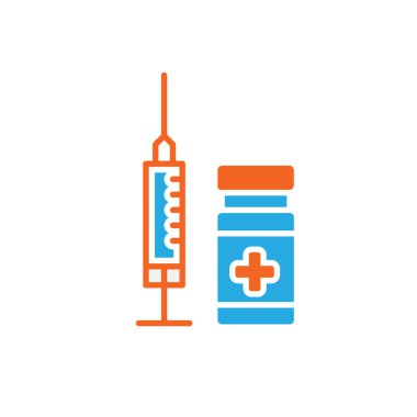Tıbbi ikonlar. Enjeksiyon. Yanında bir şişe aşı ya da ilaç enjekte edin. Önlem, sağlık, teşhis. Düz tasarım biçimi