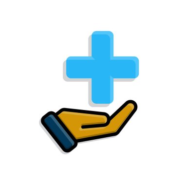 Tıbbi ikonlar. Sağlık sembolü elimizde. Elinde tıbbi işaretler var. Önlem, sağlık, teşhis. Isometric tasarım biçimi