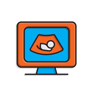 Tıbbi ikonlar. Ultrason ya da ultrasonografi. Bilgisayar ekranında gebelik ultrasonu görüntüsü. Önlem, sağlık, teşhis. Isometric tasarım biçimi