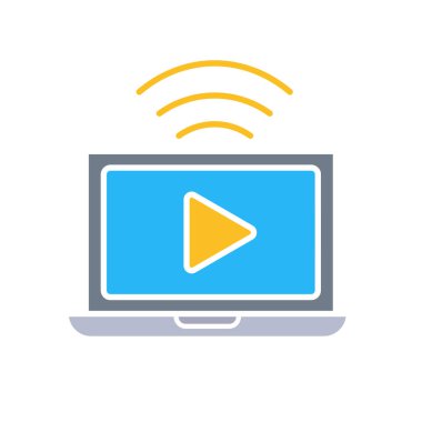 Eğitim ikonu. Çevrimiçi Öğrenme ya da E-Öğrenme. Dizüstü bilgisayarı ekranda ve sinyalde oyun sembolü ile aç. Zeki, bilgili, zeki. Düz tasarım biçimi