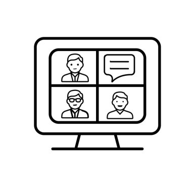 Eğitim ikonu. Sanal Sınıf. Monitörde üç öğrenci yüzü ya da sohbet baloncukları görülüyor. Zeki, bilgili, zeki. Tasarım biçimi