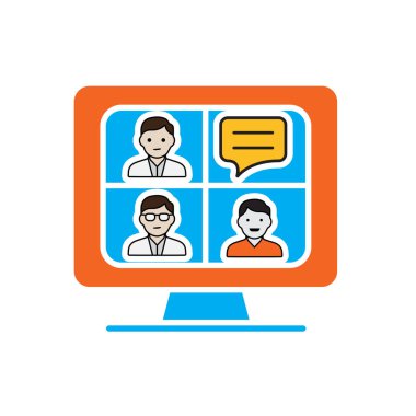 Eğitim ikonu. Sanal Sınıf. Monitörde üç öğrenci yüzü ya da sohbet baloncukları görülüyor. Zeki, bilgili, zeki. Düz tasarım biçimi