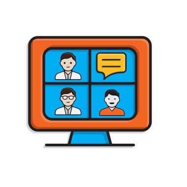 Eğitim ikonu. Sanal Sınıf. Monitörde üç öğrenci yüzü ya da sohbet baloncukları görülüyor. Zeki, bilgili, zeki. izometrik tasarım biçimi