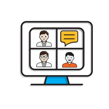 Eğitim ikonu. Sanal Sınıf. Monitörde üç öğrenci yüzü ya da sohbet baloncukları görülüyor. Zeki, bilgili, zeki. Karışık tasarım biçimi