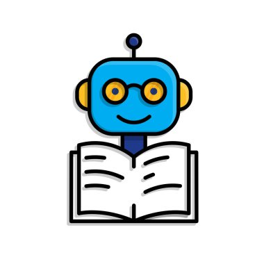 Eğitim ikonu. Yapay zeka hocası ya da akıllı asistan. Gözlüklü ve açık kitap ikonu olan sevimli bir robot. Zeki, bilgili, zeki. Karışık tasarım biçimi