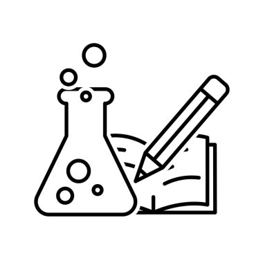 Eğitim ikonu. Bilim deneyi. İçinde sıvı olan deney şişesi ve kitap. Zeki, bilgili, zeki. Tasarım biçimi