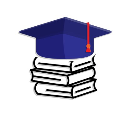Eğitim ikonu. Sıkı çalış. Mezuniyet şapkalı bir yığın kitap. Akıllı, çalışkan, zeki. Karışık tasarım biçimi