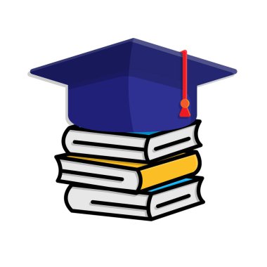 Eğitim ikonu. Sıkı çalış. Mezuniyet şapkalı bir yığın kitap. Akıllı, çalışkan, zeki. izometrik tasarım biçimi