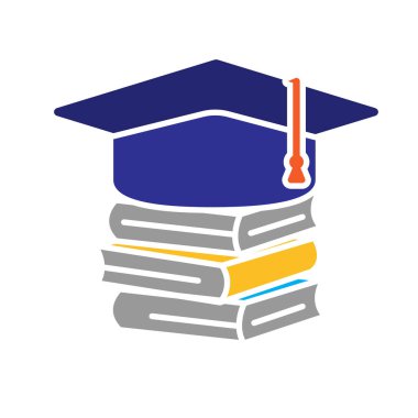 Eğitim ikonu. Sıkı çalış. Mezuniyet şapkalı bir yığın kitap. Akıllı, çalışkan, zeki. Düz tasarım biçimi