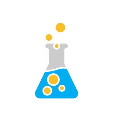 Eğitim ikonu. Kimya sembolü İçinde sıvı olan deney şişesi. Zeki, bilgili, zeki. Düz tasarım biçimi