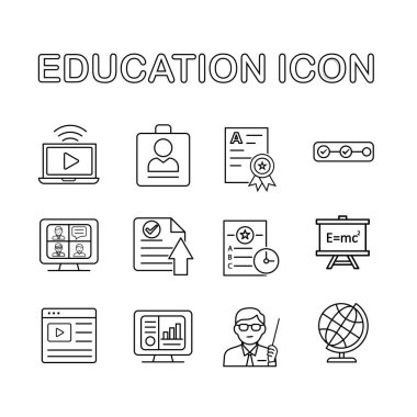 Eğitim ikonu seti. Öğrenme, Sanal Sınıf, Öğrenci, Öğretmen, vs. Beyaz arka planda eğitim sembolü. Zeki, bilgili, zeki. Tasarım biçimi