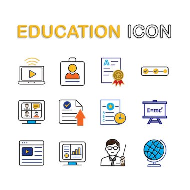 Eğitim ikonu seti. Öğrenme, Sanal Sınıf, Öğrenci, Öğretmen, vs. Beyaz arka planda eğitim sembolü. Zeki, bilgili, zeki. Karışık tasarım biçimi