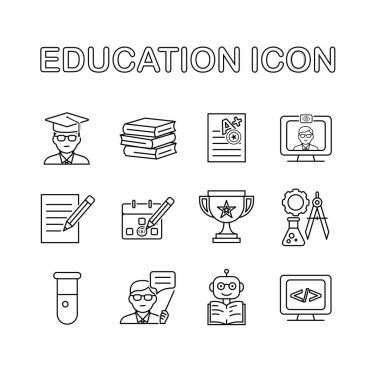 Eğitim ikonu seti. Öğrenme sonucu, Çalışma Planlayıcısı, Canlı Sohbet, vb. Beyaz arka planda eğitim sembolü. Zeki, bilgili, zeki. Tasarım biçimi