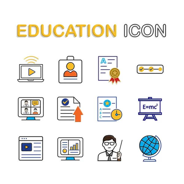 Eğitim ikonu seti. Öğrenme, Sanal Sınıf, Öğrenci, Öğretmen, vs. Beyaz arka planda eğitim sembolü. Zeki, bilgili, zeki. Karışık tasarım biçimi