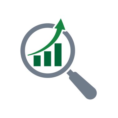 İyimserleştirme simgesi. SEO optimizasyonu. Yukarı doğru grafiği olan büyüteç. Süreç, otomasyon, üretkenlik sembolü. sağlam tasarım biçimi
