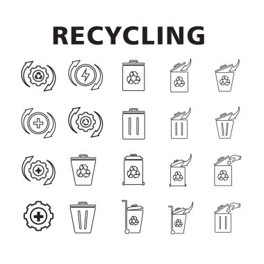Geri dönüşüm simgesi seti. Sürdürülebilirlik, ekoloji, çöp, vb. Yeniden kullanım, geri dönüşüm, sıfır emisyon sembolü. Satır tasarım biçimi