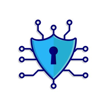 Teknoloji ikonları. Güvenlik sistemleri. Kilitli ve düğümlü kalkan. Otomasyon, gelecek, yapay zeka. Isometric tasarım biçimi