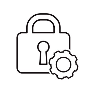 Teknoloji ikonları. Otomatik güvenlik sistemleri. Vitesli asma kilit. Otomasyon, gelecek, yapay zeka. Tasarım biçimi