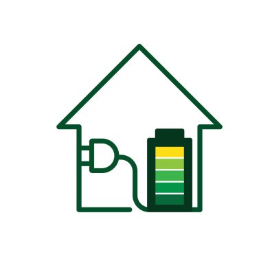 sürdürülebilir simge. Evin içindeki yeşil enerji vektörü. Enerji kaynağı ya da kaynak ofisi, çevre dostu enerji, elektrik sembolü. Karışık tasarım biçimi