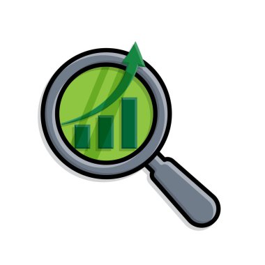 İyimserleştirme simgesi. SEO optimizasyonu. Yukarı doğru grafiği olan büyüteç. Süreç, otomasyon, üretkenlik sembolü. 3d basit tasarım biçimi