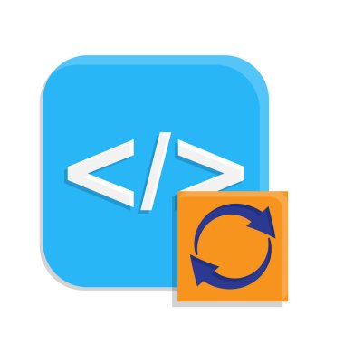 İyimserleştirme simgesi. IT Altyapı Optimizasyonu. Otomatik akışı olan programlama kodu. Süreç sembolü, üretkenlik. Basit 3d tasarım biçimi
