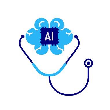 Otomasyon simgesi. Sağlık 'ta yapay zeka. Beyin ve steteskop. Teknolojiyi, geleceği, yapay zekayı gösteriyor. Düz tasarım biçimi