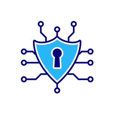 Teknoloji ikonları. Güvenlik sistemleri. Kilitli ve düğümlü kalkan. Otomasyon, gelecek, yapay zeka. Düz tasarım biçimi