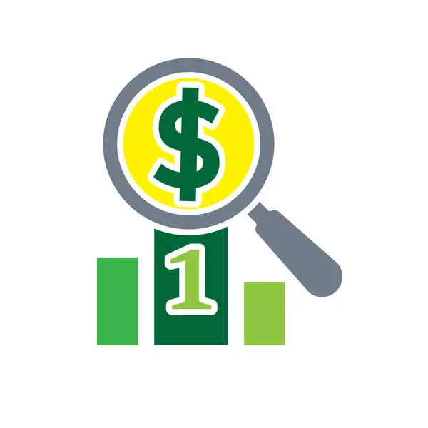 Finans simgesi. İş analizi. Podyum sıralamasında dolar bozukluğuyla büyüteç. Analiz sembolü, optimizasyon, yönetim. Katı tasarım biçimi