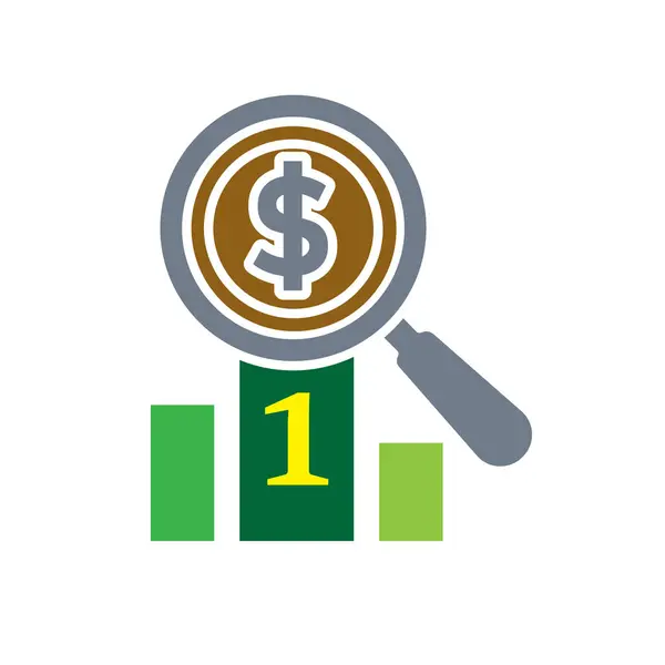 Finans simgesi. İş analizi. Podyum sıralamasında dolar bozukluğuyla büyüteç. Analiz sembolü, optimizasyon, yönetim. Katı tasarım biçimi