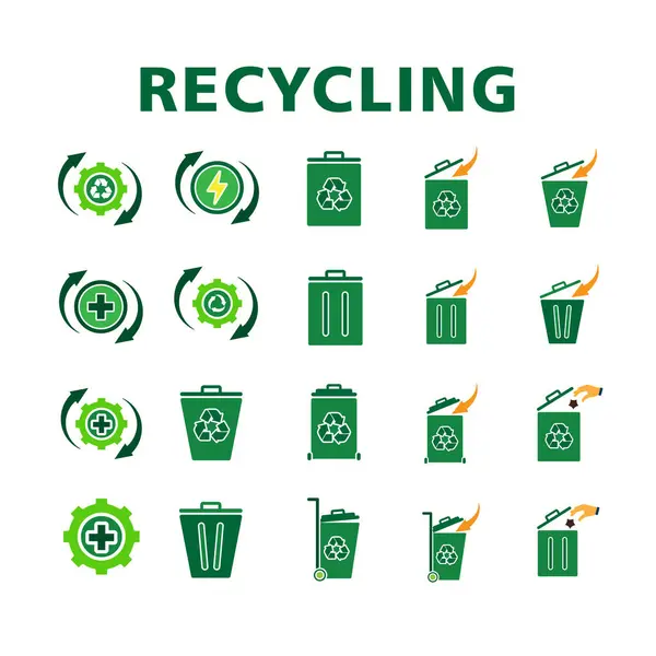 Geri dönüşüm simgesi seti. Sürdürülebilirlik, ekoloji, çöp, vb. Yeniden kullanım, geri dönüşüm, sıfır emisyon sembolü. Katı tasarım biçimi