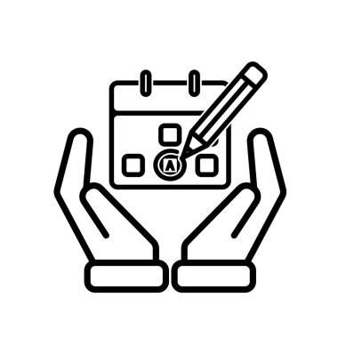 Eğitim ikonu. Elde çalışma planlayıcısı. Kalem ve işaret simgesiyle takvim. Zeki, bilgili, zeki. Tasarım biçimi