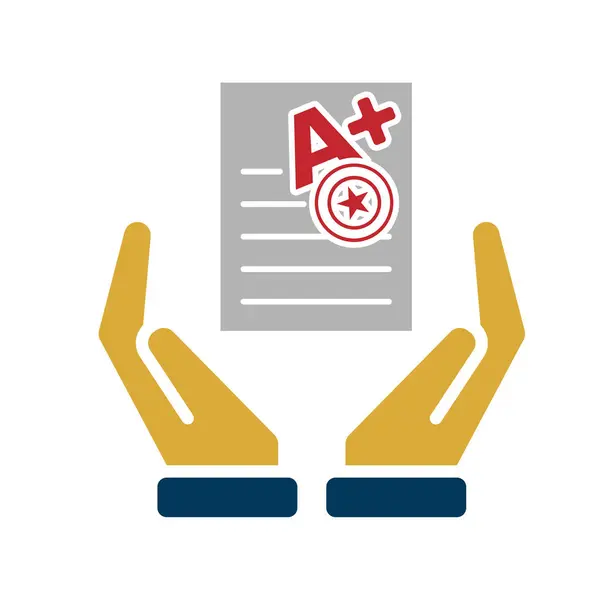 Eğitim ikonu. Canlı Not ve Rapor Kartı elinde. Üzerinde pul simgesi olan artı not kağıdı. Zeki, bilgili, zeki. Düz tasarım biçimi