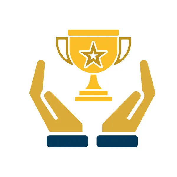 Eğitim ikonu. İki elde öğrenme ya da ödül. Ortasında yıldız olan altın bir kupa. Zeki, bilgili, zeki. Düz tasarım biçimi