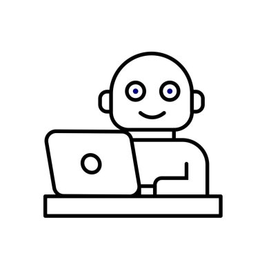 ai simgesi. AI Kişisel Asistanı. Sanal iş arkadaşı. İnsanımsı robot dizüstü bilgisayarın yanında. UI, eğitim, uygulama, markalaşma. Tasarım biçimi