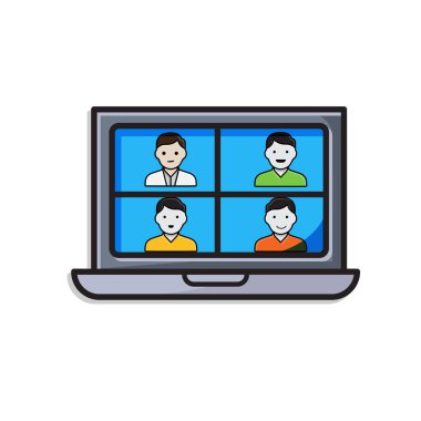 Uzaktan kumanda. Video konferans ikonu. Ekranı 4 avatar yüze bölün. İşbirliği, çevrimiçi, uzak. izometrik tasarım biçimi