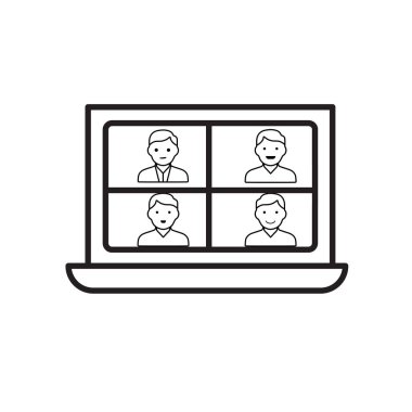 Uzaktan kumanda. Video konferans ikonu. Ekranı 4 avatar yüze bölün. İşbirliği, çevrimiçi, uzak. Tasarım biçimi