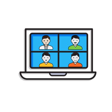 Uzaktan kumanda. Video konferans ikonu. Ekranı 4 avatar yüze bölün. İşbirliği, çevrimiçi, uzak. Karışık tasarım biçimi