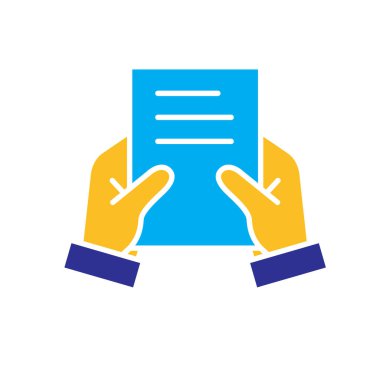 Uzaktan kumanda. Doktor paylaşımı simgesi. Paylaşılan belgeyi tutan iki el. İşbirliği, çevrimiçi, uzak. Düz tasarım biçimi