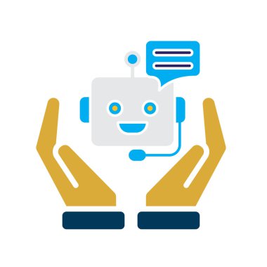 ai simgesi. İki elde de Al 'in kişisel asistanı. Ses asistanı. Robot suratlı mikrofon. UI, eğitim, başvuru, markalaşma. Düz tasarım biçimi