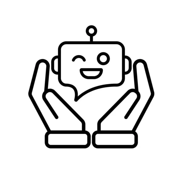 ai simgesi. İki elde de Al 'in kişisel asistanı. Chatbot avatarı. Sohbet balonlu arkadaş canlısı robot yüz. UI, eğitim, uygulama, markalaşma. Tasarım biçimi