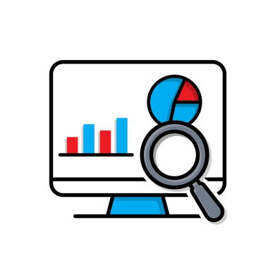 Pazarlama ikonu. Analitik ve Raporlama. Diyagram ve büyüteçle ekranı izle. Ürün, promosyon, piyasa. Karışık tasarım biçimi.