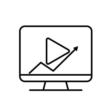 Pazarlama ikonu. Video pazarlama. Bir oyun sembolü ve yukarı ok ile bilgisayar. Ürün, promosyon, piyasa. Tasarım biçimi.