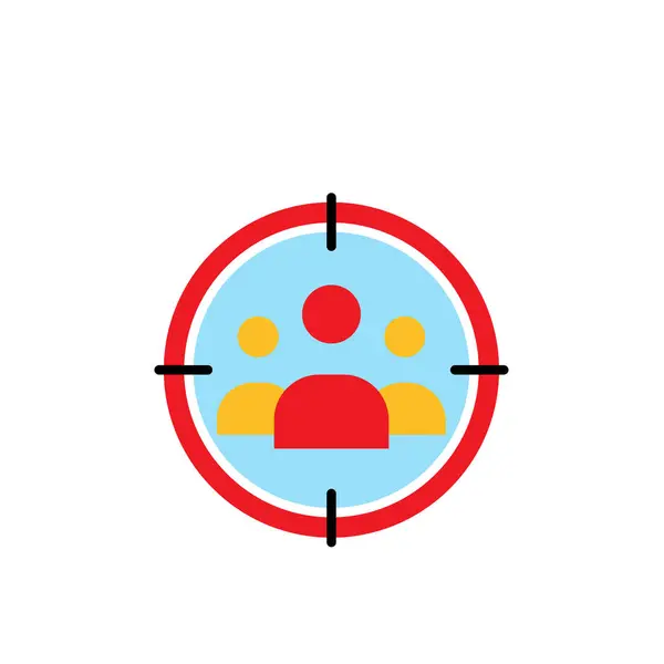 Pazarlama ikonu. Hedef kitle. Hedef çemberindeki bir kişinin silueti. Ürün, promosyon, piyasa. Düz tasarım biçimi.