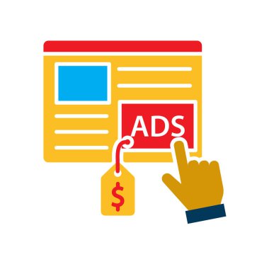 Pazarlama ikonu. Pazarlama reklamı. Reklamları ve imzalı sembolleri olan internet. Ürün, promosyon, piyasa. Düz tasarım biçimi.