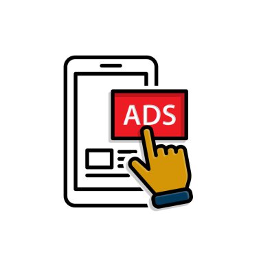 Pazarlama ikonu. Mobil Pazarlama. Reklamlı ve el sembollü cep telefonu. Ürün, promosyon, piyasa. Karışık tasarım biçimi.