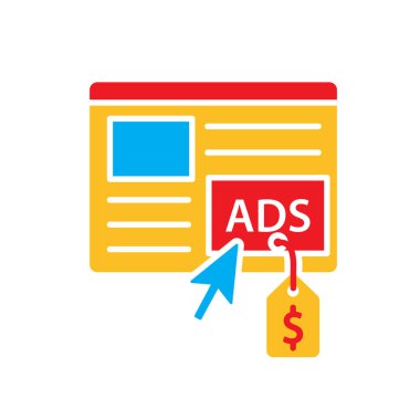 Pazarlama ikonu. Pazarlama reklamı. Reklamlı ve imleci tıkla. Ürün, promosyon, piyasa. Düz tasarım biçimi.